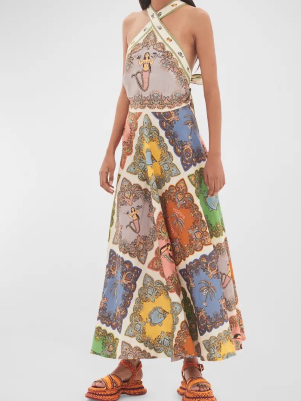 Alemais Trippy Troppo Tile-Print Linen Halter Midi Dress